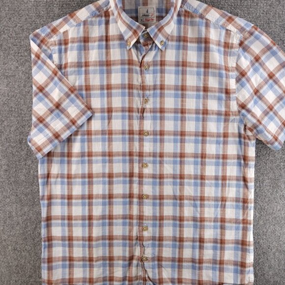 Johnnie-o Plaid Blue Brown Button Up Shirt Medium Lightweight Short Sleeve - Picture 2 of 13
